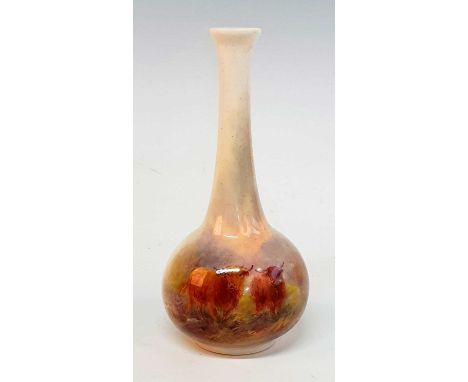 A circa 1934 Royal Worcester bud vase, shape 2491, decorated with highland cattle, signed Stinton, puce mark to the underside