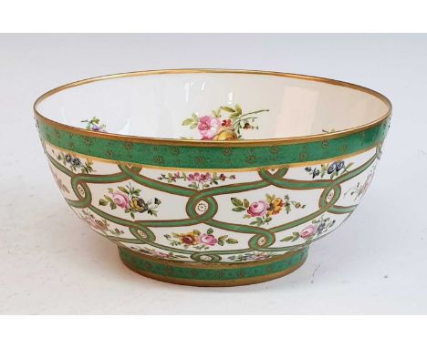 A Victorian Rockingham bowl, enamel decorated with floral sprays upon an apple green ground, printed mark to the underside, d