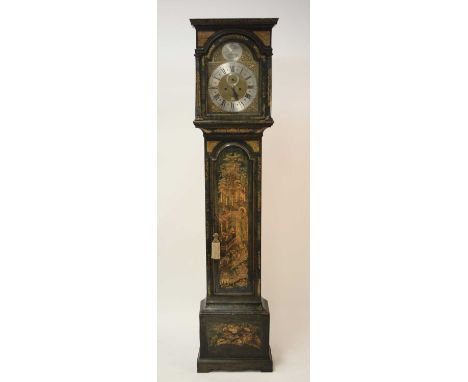 Thomas Reynolds of London - an 18th century chinoiserie blue lacquered longcase clock, having a 12" arched brass dial, signed