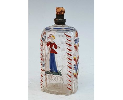A circa 1770 Bohemian glass brandy bottle, enamel decorated with a lady, h.15cm