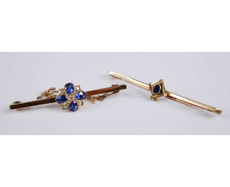 Two bar brooches, being a 9ct yellow gold, sapphire and diamond quatrefoil brooch, the four oval faceted sapphires measuring 