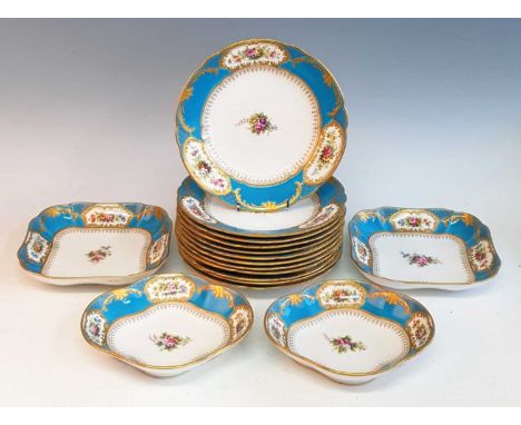 A circa 1900 Copeland Spode for T Goode porcelain dessert service, enamel decorated with flowers within a celeste bleu and ci