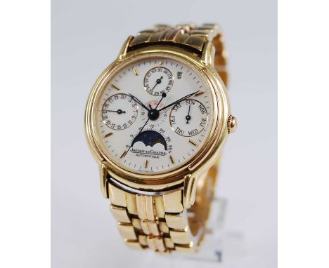 A gent's Jaeger LeCoultre 18ct gold cased Odysseus perpetual calendar watch, ref: 166.7.80, No.406, the signed white enamel d