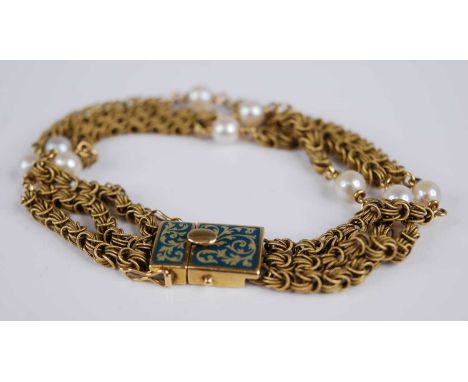 A vintage 18ct gold triple Byzantine link bracelet, each arranged as four sections dispersed with cultured pearls, and having
