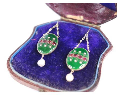 A pair of circa 1920s 9ct gold and guilloche enamel ear pendants, each on shepherd's crook fittings, the oval panels each set