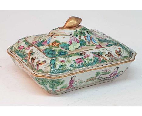 A 19th century Chinese Canton famille verte porcelain tureen, the ogee lid having gilt fruit handle, enamel decorated with fi