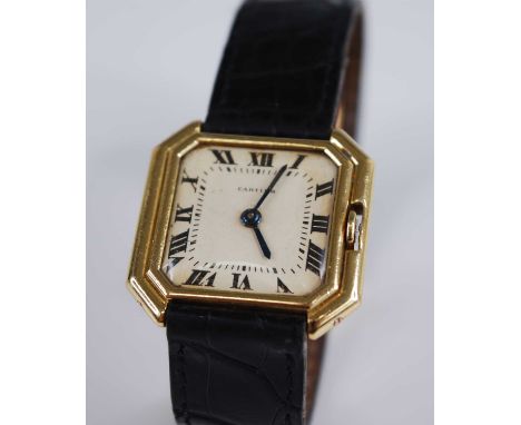 A rare and early lady's Cartier 18ct gold cased wristwatch, having a signed square Roman dial with canted corners, manual win