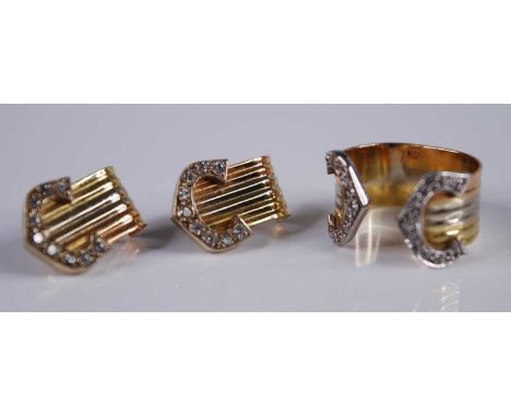 After Cartier - a three-colour yellow metal and diamond tipped ring with matching ear studs, each surmounted with horseshoe s