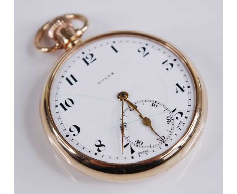 A gent's Rolex 9ct gold cased open faced pocket watch, having a signed white enamel Arabic dial with subsidiary seconds dial 