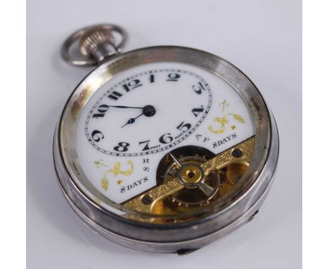 A French silver cased Hebdomas style gent's pocket watch, having white enamel Arabic dial with visible escapement, keyless ei