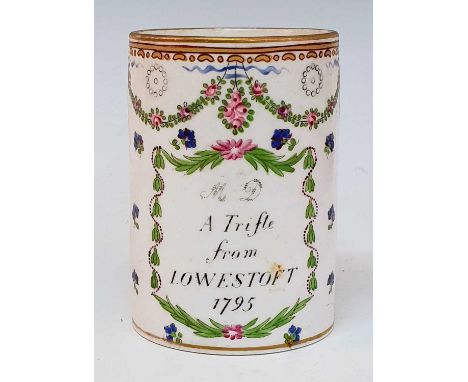 A 19th century Samson of Paris porcelain tankard, inscribed 'A Trifle from Lowestoft, 1795', enamel decorated with floral swa