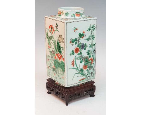 A Chinese Qing dynasty famille verte cong vase, 19th century, of square section, the four sides decorated with birds amongst 