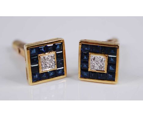 A pair of Far Eastern yellow metal, sapphire and diamond gent's cufflinks, the square settings each pavé centre set with four