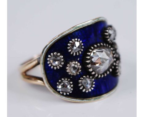 A yellow metal, diamond and enamel ring, featuring a centre 6.2 x 4.8mm rose cut diamond with five 2.25 x 1.95 rose cut diamo