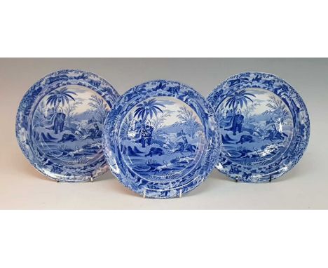 A set of three circa 1810 Spode Indian Sporting series blue and white transfer decorated plates, impressed marks and inscribe
