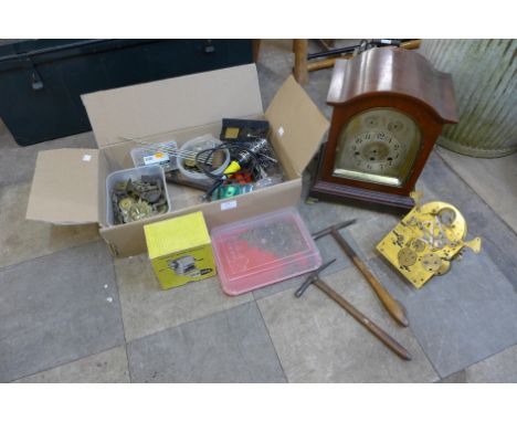 A 19th Century mahogany bracket clock, with assorted clock parts, etc. 