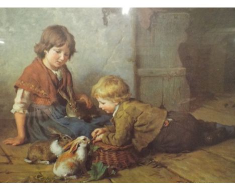 A Framed Print Children Playing with Rabbits 
