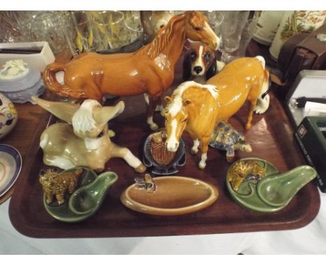 A Tray of Beswick and Other Horse Ornaments, Dog Ornaments to Include Chestnut (af) and Palomino Horses, Wade Pipe Rests etc