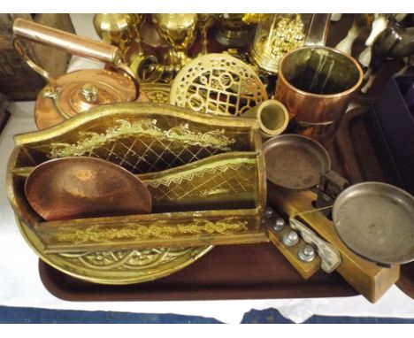 A Tray of Copper and Brass Ware, Kitchen Scales, Stationery Rack 