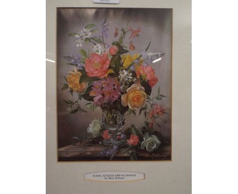 A Framed Print Still Life Roses, Azaleas and Bluebells