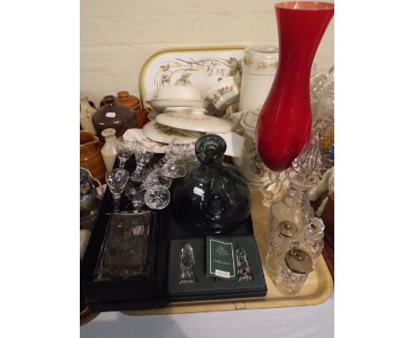 A Tray of Coloured and Plain Glass Ware to Include Decanter, Sherries, Cruet etc