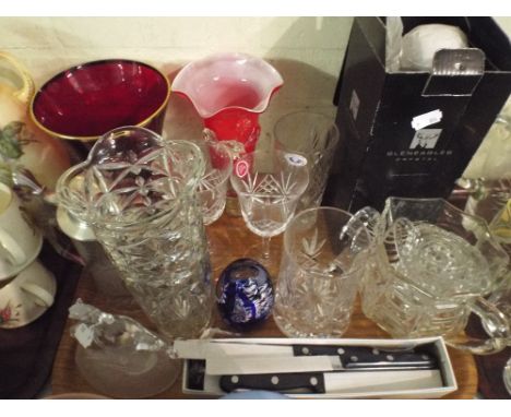 A Tray of Coloured and Plain Glass Ware to Include Gleneagles Decanter, Etched Lager Stein, Jugs, Tankards, Wines etc