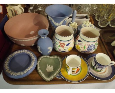 A Tray of Pink Blue and Green Wedgwood Jasper Ware, Pair of Poole Vases and Wedgwood Coffee Cans and Saucers 