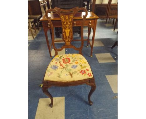 A Pretty Edwardian Inlaid Ladies Salon Chair with Serpentine Front, Cabriole Legs and Tapestry Seat