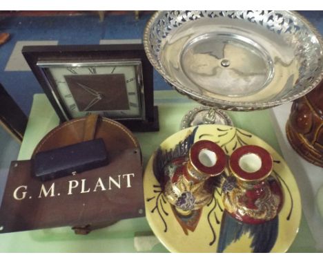 A Tray Containing Collar Box, Mantle Clock, Comport Ceramics and Rolled Gold Tie Pin 