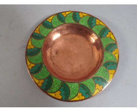 An Arts & Crafts Copper Shallow Bowl with Green and Yellow Enamel Border