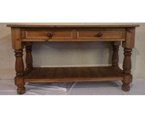 A Pine Two Drawer Serving Table on Turned Supports with Stretcher Shelf 