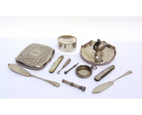 A SILVER NAPKIN RING  a silver cigarette case; a silver matchbox holder on a base; two silver butter knives; a silver fob wat