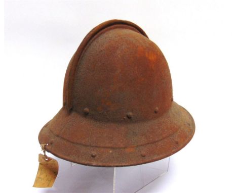 A 17TH CENTURY STYLE STEEL HELMET with attached label 'Officer of Pikeman's Pot Helmet 17th Century English', but probably of