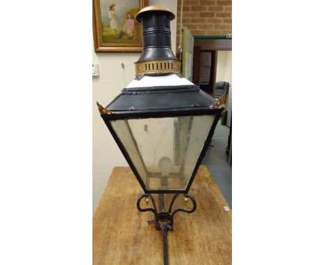 A VICTORIAN STREET LAMP with cast iron base, originally for gas, the lantern with twin ladder stay poles, approx 435cm total 