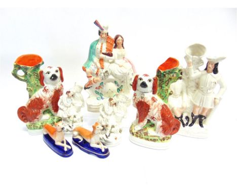 A COLLECTION OF ASSORTED STAFFORDSHIRE POTTERY,  including 'Robin Hood' flatback spill vase 38cm high, clock group featuring 