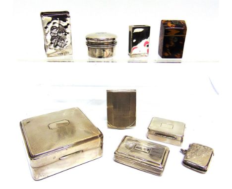 A GEORGIAN SILVER SNUFF BOX with a modern silver snuff box; a circular silver box; two silver match box holders; a silver ves