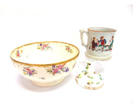 A LARGE 19TH CENTURY STAFFORDSHIRE 'FROG' MUG  relief decorated with figures, 12cm high; together with a Coalport floral encr