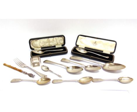 A COLLECTION OF SILVER FLATWARE comprising: two cased spoons; a Victorian Exeter fiddle pattern table spoon; a set of three E