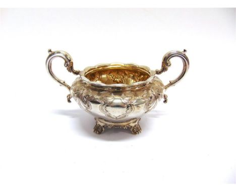 A WILLIAM IV SILVER SUGAR BASIN maker's mark erased, London 1834, of compressed round form, decorated with stylised anthemion