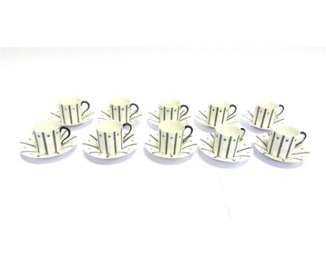 TEN MATCHING ROYAL WORCESTER COFFEE CANS AND SAUCERS,  puce printed mark to base with date code for 1917, the saucers 11cm di