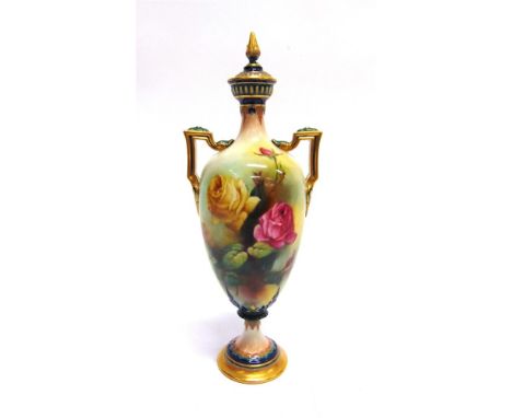 A ROYAL WORCESTER TWO HANDLED LIDDED VASE,  with painted decoration of roses signed 'J Lander', green printed mark to base wi