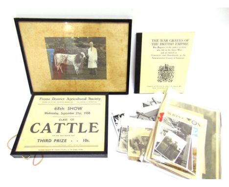 ASSORTED EPHEMERA comprising a Mid-Somerset Young Farmers' Club Annual Show of Yearling Heifers First Prize certificate, 1939