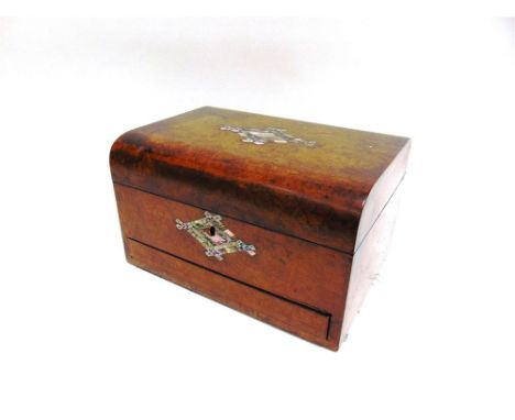 A VICTORIAN BURR WALNUT JEWELLERY BOX with mother of pearl inlaid decoration, part fitted interior over button release fitted