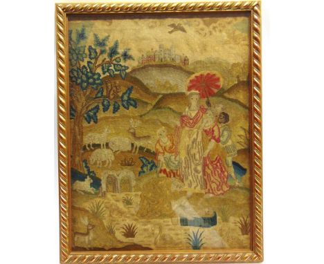 A VICTORIAN WOOLWORK TAPESTRY,  depicting the discovery of the infant Moses, 58cm x 44cm