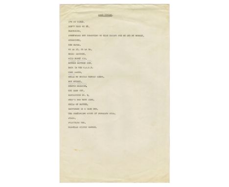 A vintage typed set of song titles for the 1968 Beatles self-titled album, commonly known as the White Album. The sheet is th