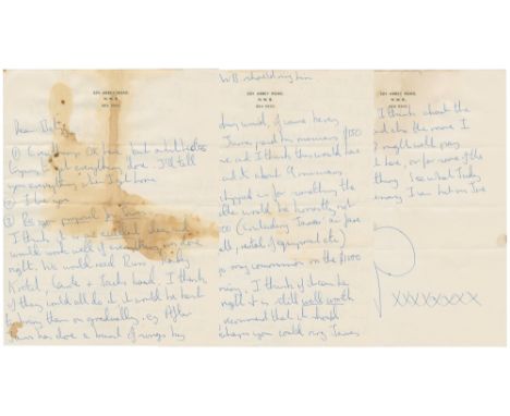 A five sided handwritten letter on ‘32A Abbey Road’ letterhead from Peter Asher to his wife, Betsy. The letter discusses an i