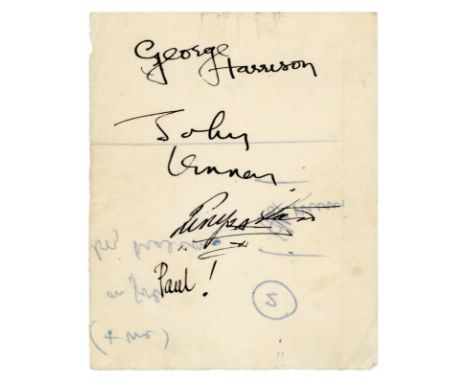 A piece of white paper that has been signed by The Beatles in black ink. Paul has signed his first name only. The signatures 