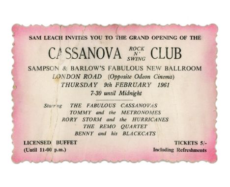 A complete concert ticket for a Rory Storm And The Hurricanes performance which took place at the Cassanova Club in Liverpool