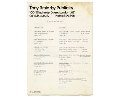 An original Tony Brainsby Publicity Paul McCartney mailing list. It contains thirteen pages of contact details for various ne
