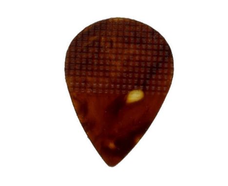 A brown tortoise shell coloured guitar plectrum that was formerly owned by one of The Beatles. The plectrum measures 2.25cm x